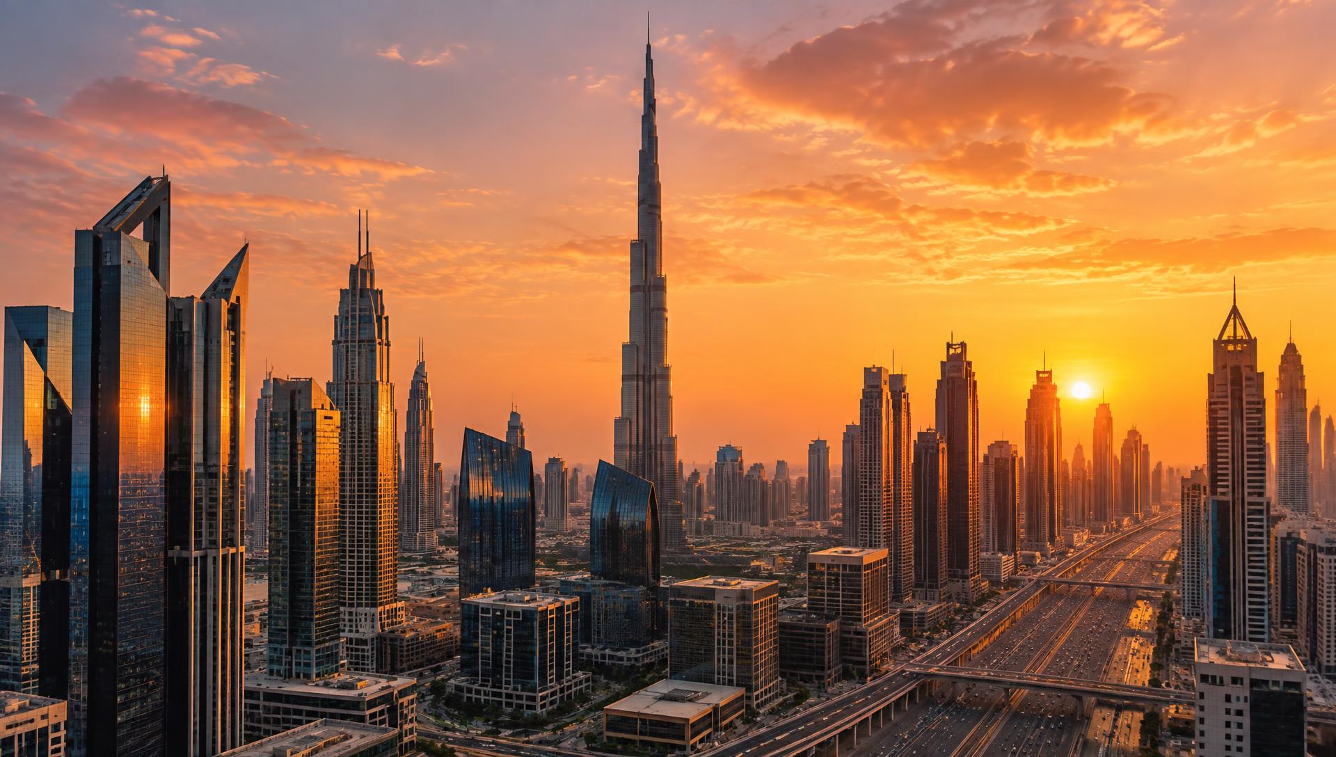 Skyline von Dubai bei Sonnenuntergang